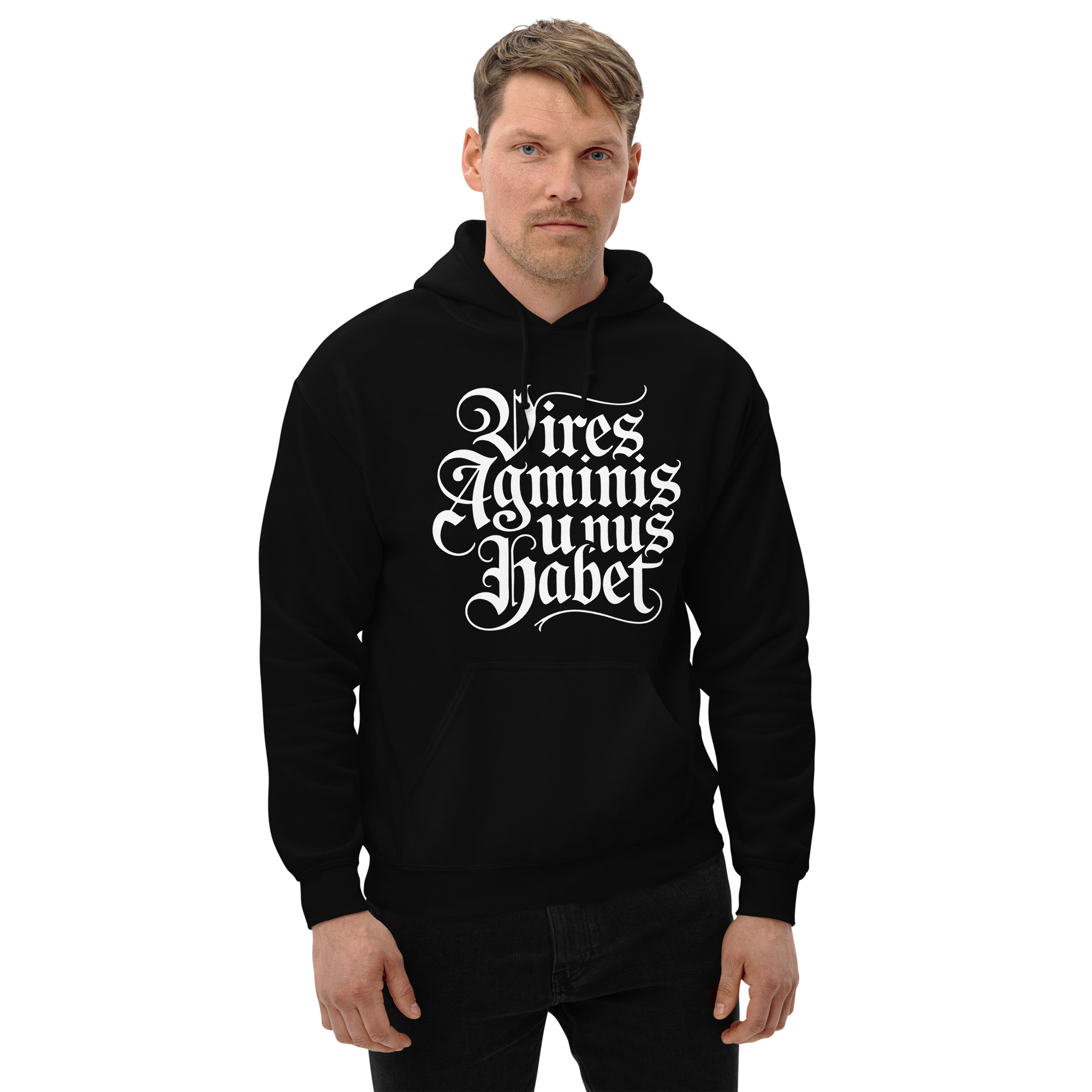 Sweatshirt capuche Vires agminis unus habet gothique – Image 5