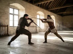 Deux escrimeurs en tenue médiévale s'affrontent avec des épées dans une salle en pierre éclairée.